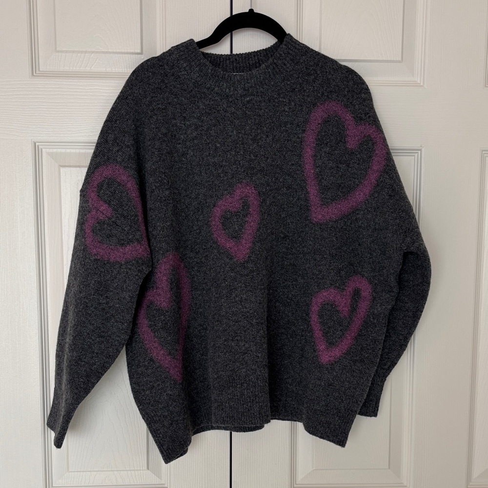 Oak + Fort NWT Gray and Purple Heart Sweater